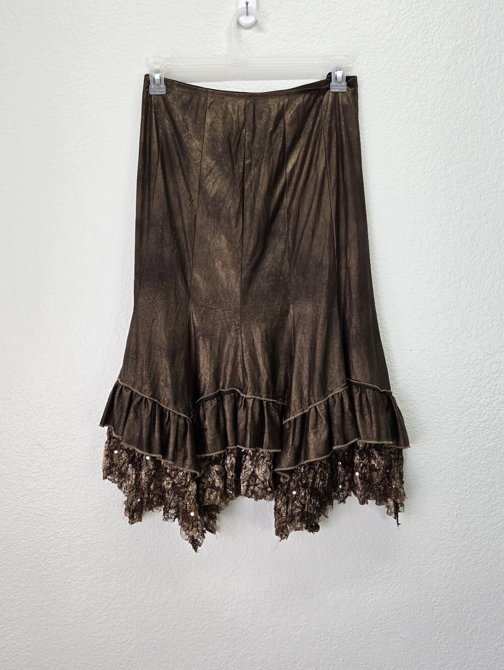 VTG Joseph Ribkoff Brown Asymmetrical Ruffle Lace Midi Skirt Sz 8 Whimsigoth NWT